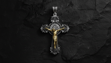 Saint Benedict Crucifix Pendant 925 sterling silver and gold-tone cross - front view showcasing ornate baroque design with benedict medal