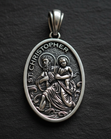Saint Christopher Medal Pendant 925 sterling silver pendant - angled view showcasing detailed Christopher carrying Christ child across water