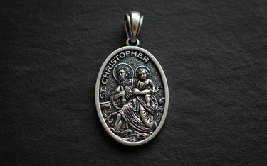 Saint Christopher Medal Pendant 925 sterling silver pendant - angled view showcasing detailed Christopher carrying Christ child across water