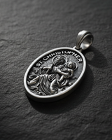 Saint Christopher Medal Pendant oxidized sterling silver pendant showing intricate water waves and flowing robes detail