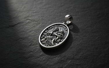 Saint Christopher Medal Pendant oxidized sterling silver pendant showing intricate water waves and flowing robes detail