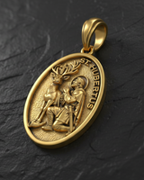 Saint Hubert Medal Pendant 925 silver pendant in gold-tone finish displayed on natural wood showcasing hunting theme