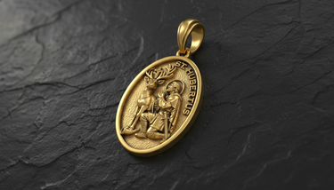 Saint Hubert Medal Pendant 925 silver pendant in gold-tone finish displayed on natural wood showcasing hunting theme