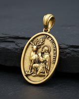 Saint Hubert Medal Pendant 925 sterling silver pendant in gold-tone finish showcasing detailed stag with crucifix and kneeling sai