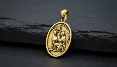 Saint Hubert Medal Pendant 925 sterling silver pendant in gold-tone finish showcasing detailed stag with crucifix and kneeling sai