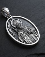 Saint Nicholas Medal Pendant 925 silver pendant featuring patron saint of children with intricate relief detailing