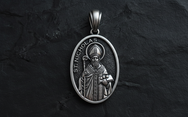 Saint Nicholas Medal Pendant 925 sterling silver pendant - angled view showcasing detailed bishop figure with mitre and crosier