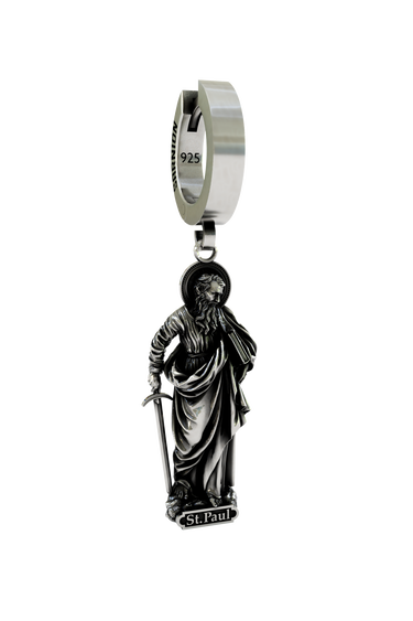 Saint Paul Earring in 925 sterling silver - front view showcasing the full figure of the apostle holding a sword