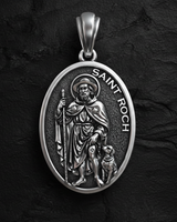 Saint Roch Medal Pendant 925 sterling silver pendant - angled view showcasing detailed saint figure with pilgrim staff and dog