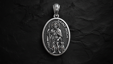 Saint Roch Medal Pendant 925 sterling silver pendant - angled view showcasing detailed saint figure with pilgrim staff and dog