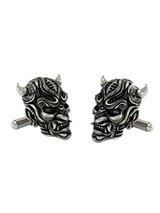 Samurai Oni Mask 925 sterling silver cufflinks - face-to-face view showcasing the symmetrical demonic design and polished horns.