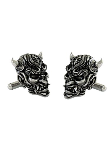 Samurai Oni Mask 925 sterling silver cufflinks - face-to-face view showcasing the symmetrical demonic design and polished horns.