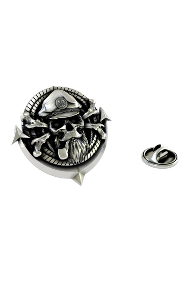 Sea Captain Skull Pin in 925 sterling silver, front view of the pirate skull with a captain's hat and pipe.