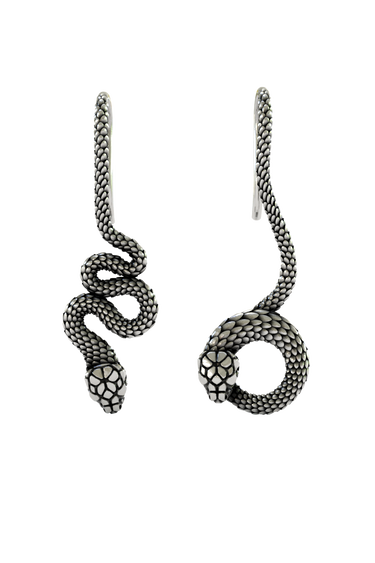 Serpent Drop Earrings in 925 sterling silver - front view showcasing the detailed scale texture and elegant, coiling design.