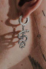 Serpent Sword Earring in 925 sterling silver - front view showcasing the coiled serpent and polished sword charm.