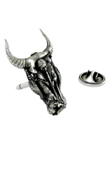 Shaman's Vision Bull Skull Pin in 925 sterling silver, front view showing the shaman figure within the skull.

