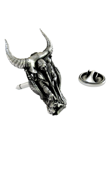 Shaman's Vision Bull Skull Pin in 925 sterling silver, front view showing the shaman figure within the skull.


