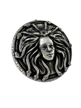 Side and front angle views of Medusa Head sterling silver cufflinks showing dimensional depth and expert craftsmanship.