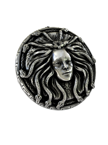 Side and front angle views of Medusa Head sterling silver cufflinks showing dimensional depth and expert craftsmanship.