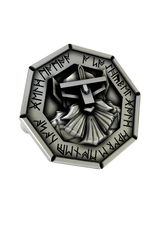 Side and front views of the Dwarven Warrior sterling silver cufflinks, highlighting the piece's dimensional depth and sturdy cufflink mechanism.