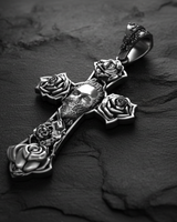 Side angle of Chicano Rose Cross Pendant 925 silver showing dimensional rose details and ornate decorative bail