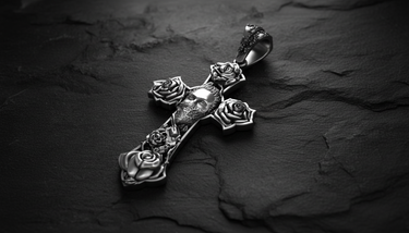 Side angle of Chicano Rose Cross Pendant 925 silver showing dimensional rose details and ornate decorative bail