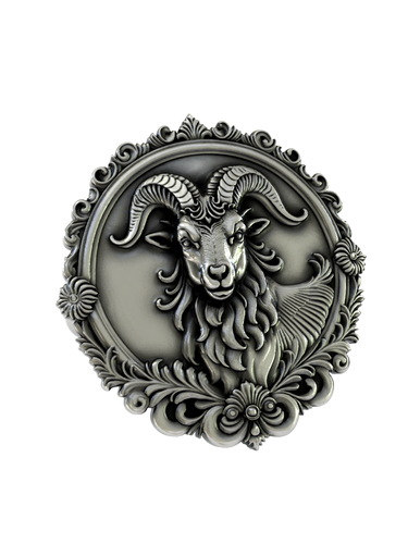Side angle of the Aries Zodiac Cuffs in sterling silver, highlighting the high-relief sculpture and intricate border.