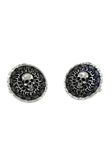 Side angle of the Aztec Sun Skull Cuffs in sterling silver, highlighting the high-relief skull and layered design.