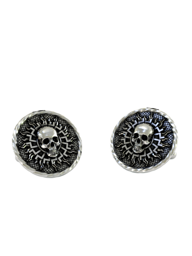 Side angle of the Aztec Sun Skull Cuffs in sterling silver, highlighting the high-relief skull and layered design.