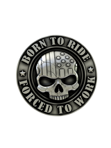 Side angle of the Biker Skull Cufflinks in sterling silver, highlighting the dimensional relief and engraved text.