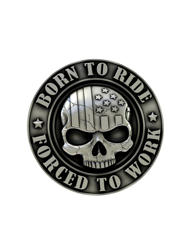 Side angle of the Biker Skull Cufflinks in sterling silver, highlighting the dimensional relief and engraved text.