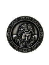 Side angle of the Crown of Thorns Cuffs in sterling silver, highlighting the high-relief sculpture and detailed frame.