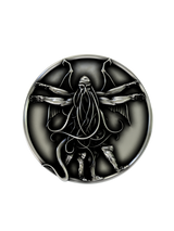 Side angle of the Cthulhu Cufflinks in sterling silver, highlighting the high-relief sculpture of the Great Old One within the circle.