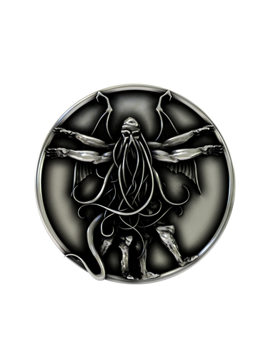 Side angle of the Cthulhu Cufflinks in sterling silver, highlighting the high-relief sculpture of the Great Old One within the circle.