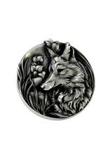 Side angle of the Cunning Fox Cuffs in sterling silver, highlighting the high-relief sculpting and botanical details.