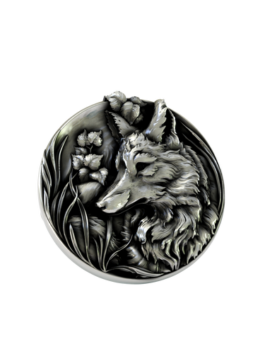 Side angle of the Cunning Fox Cuffs in sterling silver, highlighting the high-relief sculpting and botanical details.