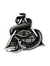 Side angle of the Esoteric Serpent Cuffs in sterling silver, highlighting the three-dimensional form of the snake and pyramid.