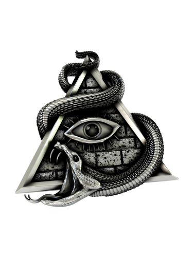 Side angle of the Esoteric Serpent Cuffs in sterling silver, highlighting the three-dimensional form of the snake and pyramid.