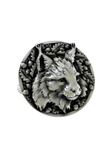 Side angle of the Forest Guardian Cuffs in sterling silver, highlighting the high-relief sculpting of the lynx's features.