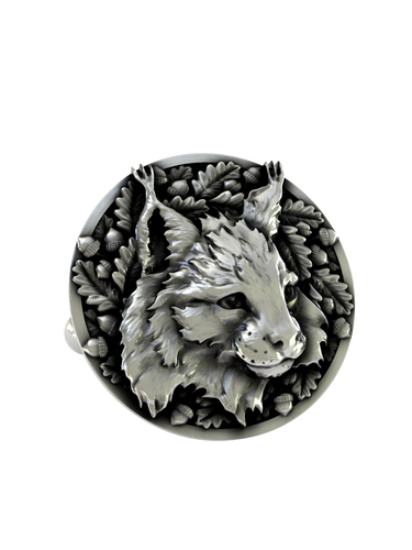 Side angle of the Forest Guardian Cuffs in sterling silver, highlighting the high-relief sculpting of the lynx's features.