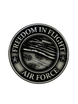 Side angle of the Freedom in Flight Cuffs in sterling silver, highlighting the high-relief detail of the jets and waving flag.