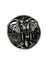 Side angle of the Good Fortune Elephant Cuffs in sterling silver, highlighting the high-relief sculpture and detailed engravings.