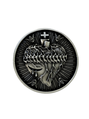 Side angle of the Heart of Jesus Cuffs in sterling silver, highlighting the high-relief sculpture and radiant background.
