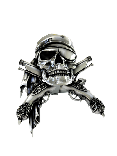 Side angle of the Jolly Roger Cuffs in sterling silver, highlighting the three-dimensional design and ornate pistol details.