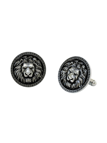 Side angle of the Lion Cufflinks in sterling silver, highlighting the high-relief sculpture and engraved Meander pattern.
