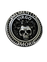 Side angle of the Memento Mori Virgo cufflinks, showing the dimensional depth and detailed craftsmanship in sterling silver.