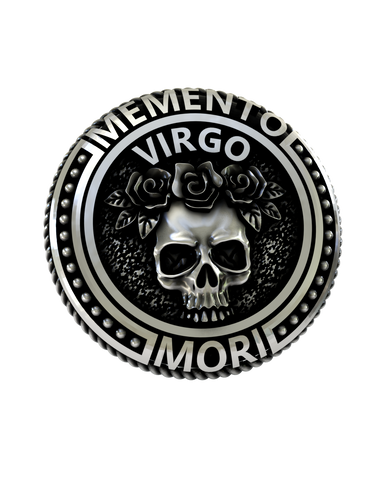 Side angle of the Memento Mori Virgo cufflinks, showing the dimensional depth and detailed craftsmanship in sterling silver.