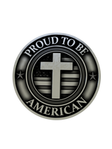 Side angle of the Proud to be American Cufflinks in sterling silver, highlighting the dimensional relief of the cross and engraved text.