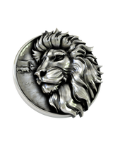 Side angle of the Regal Lion Cufflinks in sterling silver, highlighting the impressive three-dimensional relief of the lion's mane.
