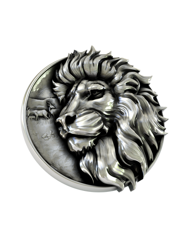 Side angle of the Regal Lion Cufflinks in sterling silver, highlighting the impressive three-dimensional relief of the lion's mane.